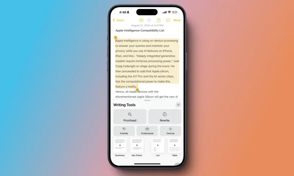 Apple intelligence writing tool