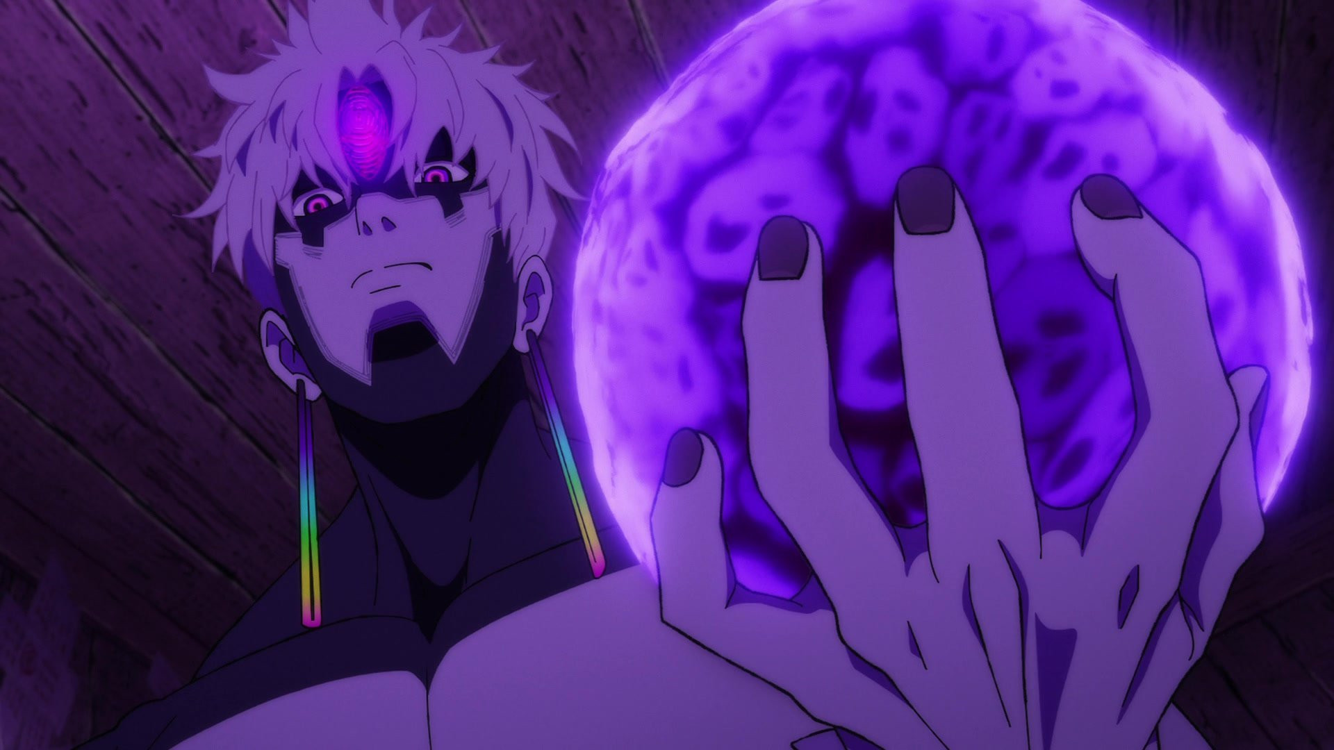 A close-up of a man holding a purple orb during Dan Da Dan season 2; Dandadan Season 3