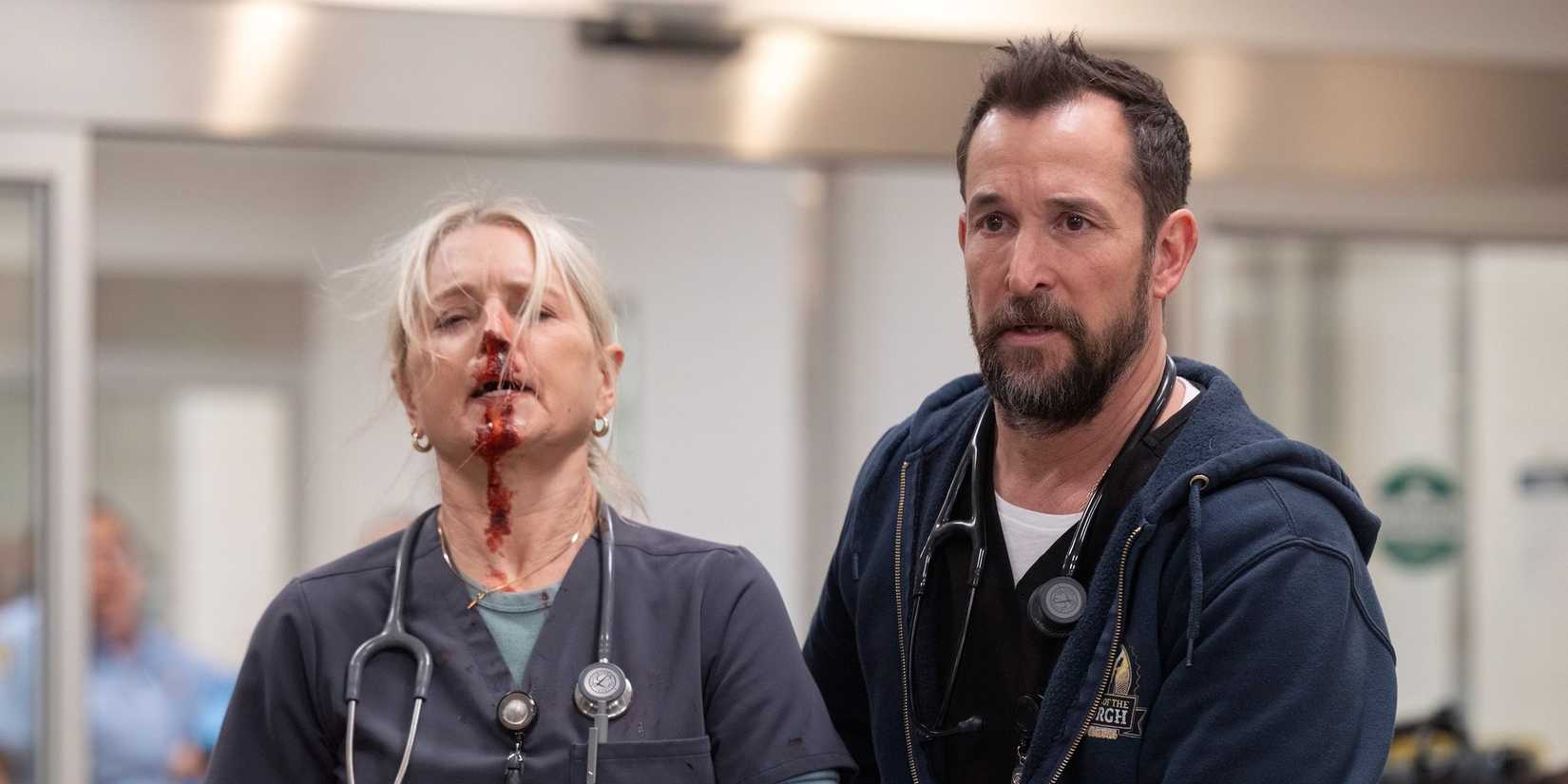 Noah Wyle and a bloodied Katherina LaNasa in The Pitt season 1: Emmy Awards 2025